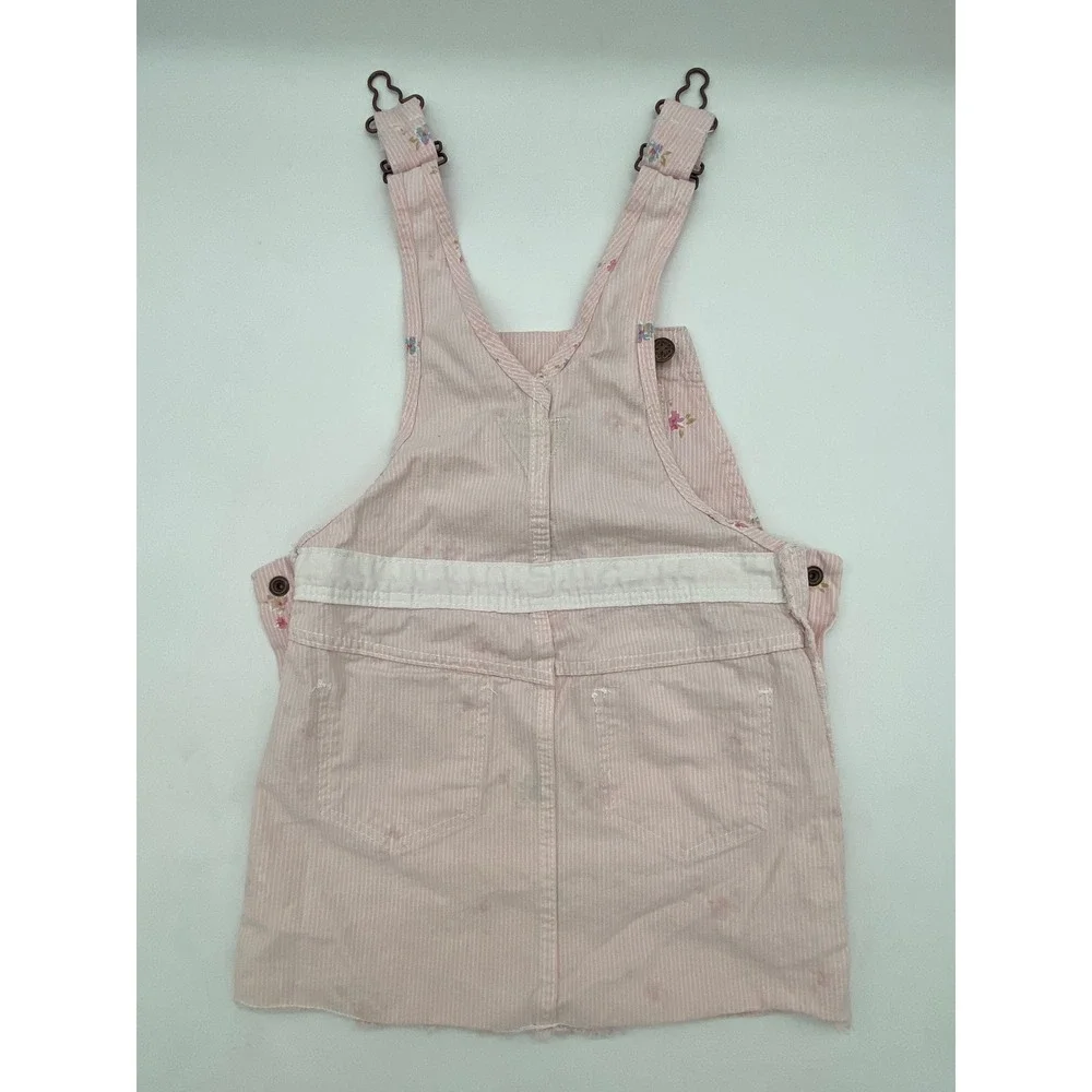 OshKosh Bgosh Pink Pinstripe Floral Overall Dress Toddler 24M Frayed Hem